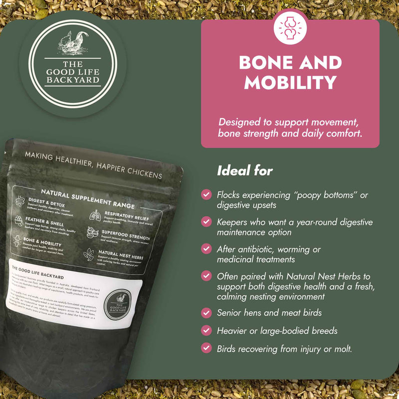 Supplement package for chickens with 'The Good Life Backyard' branding on a green background.