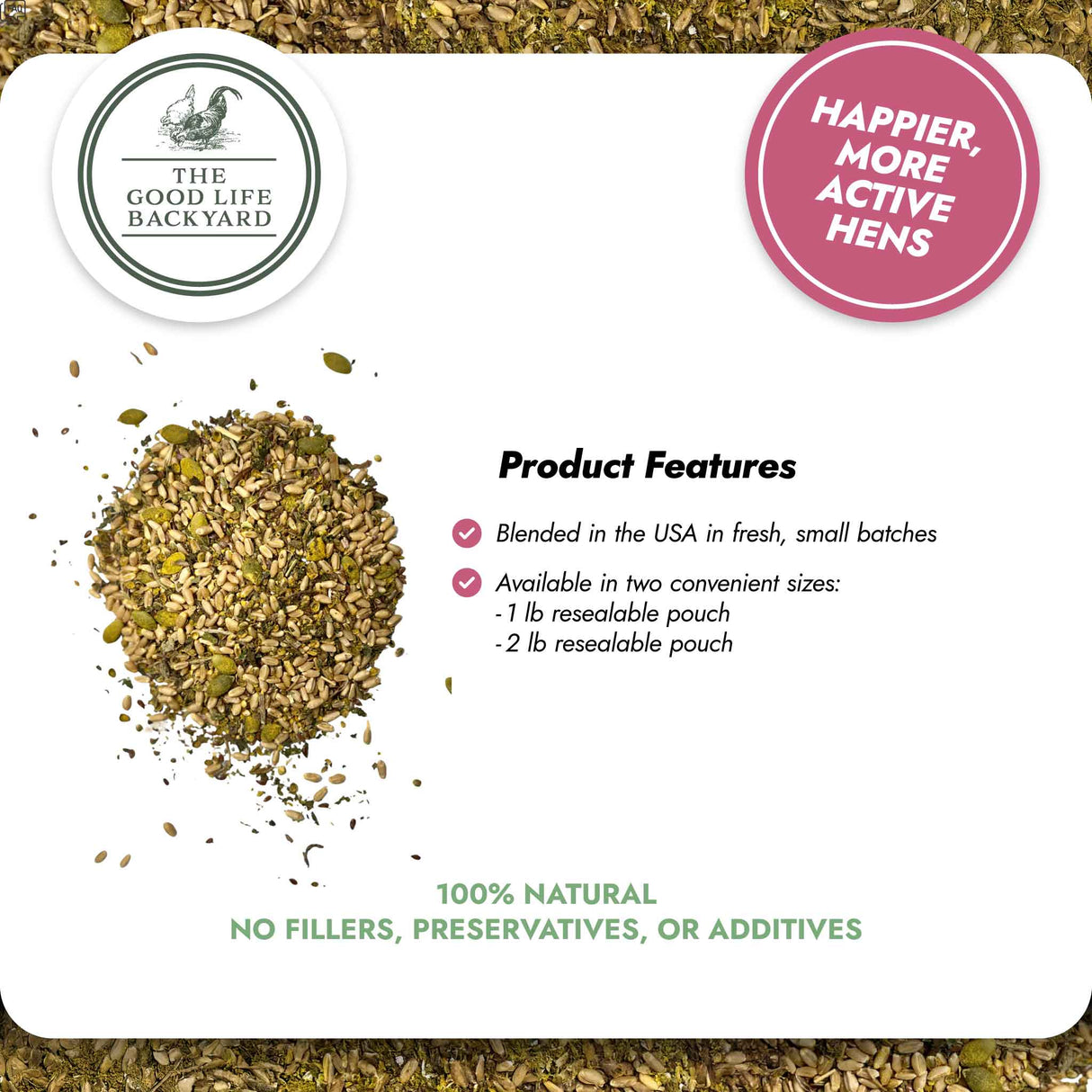 Product packaging for 'The Good Life Backyard' with text about product features and branding.