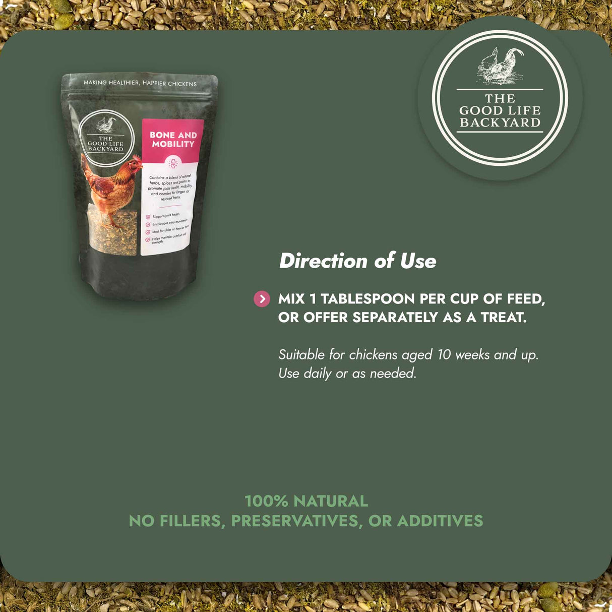 Dog food package with 'The Good Life Backyard' branding on a green background