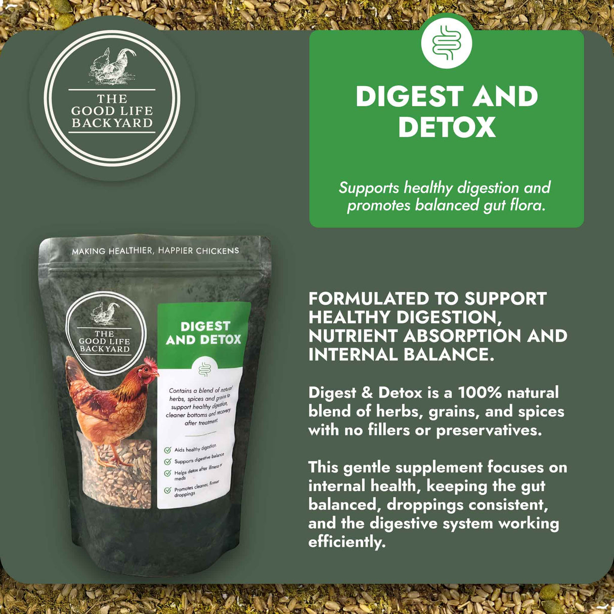 Supplement package for chickens with text about digestive health on a green background