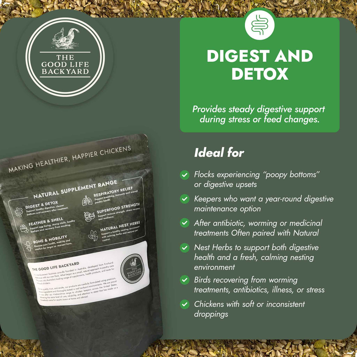 Supplement package for chickens with text about digestive support on a green background