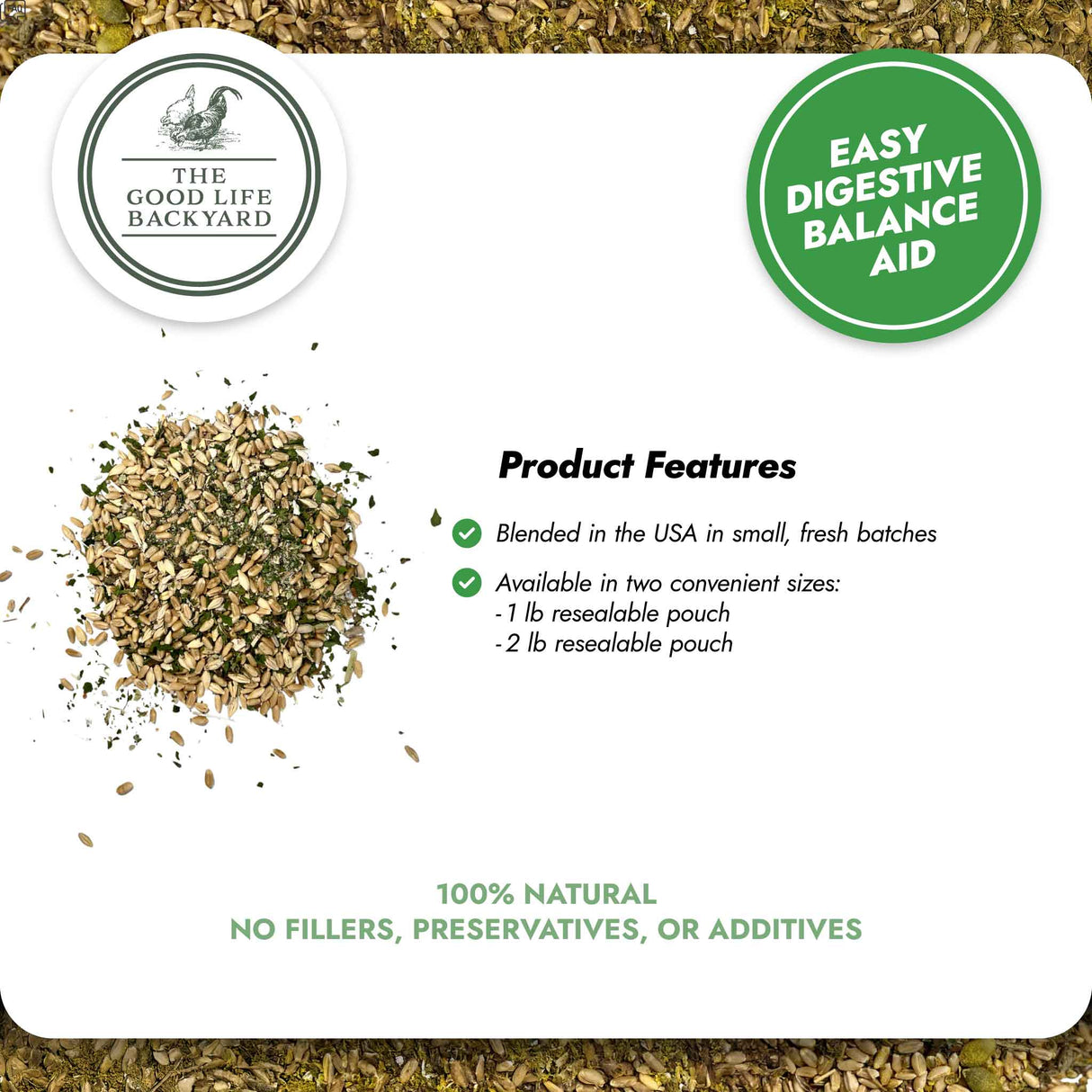 Product packaging for 'Easy Digestive Balance Aid' by The Good Life Backyard with text and a small pile of the product.