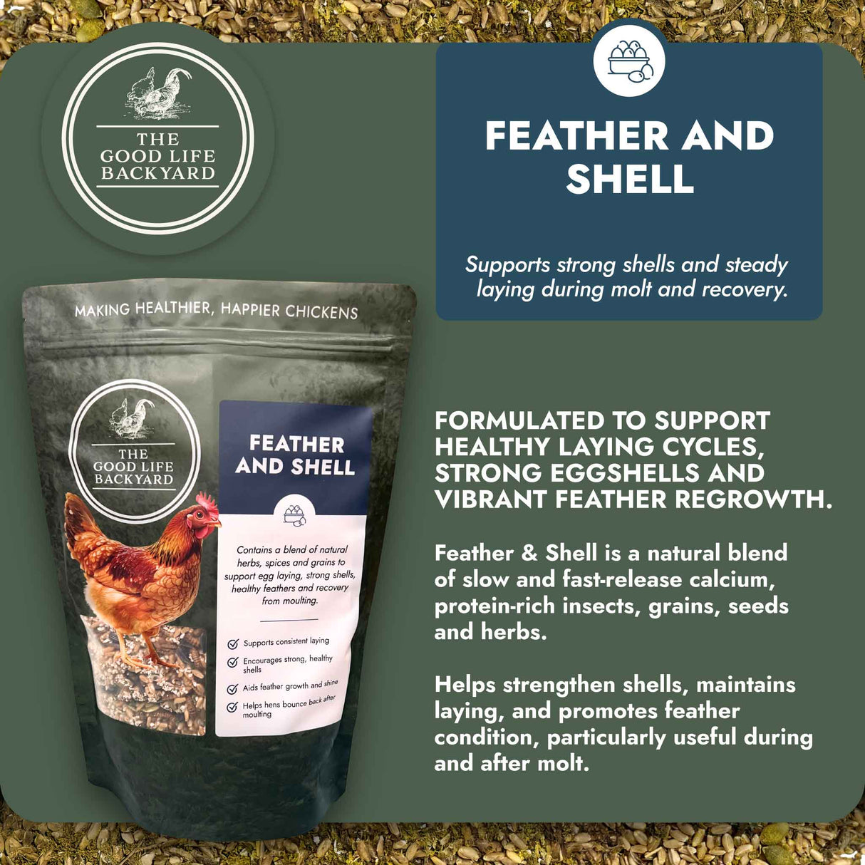 Package of 'Feather and Shell' product from The Good Life Backyard with chicken imagery and text on a green background.