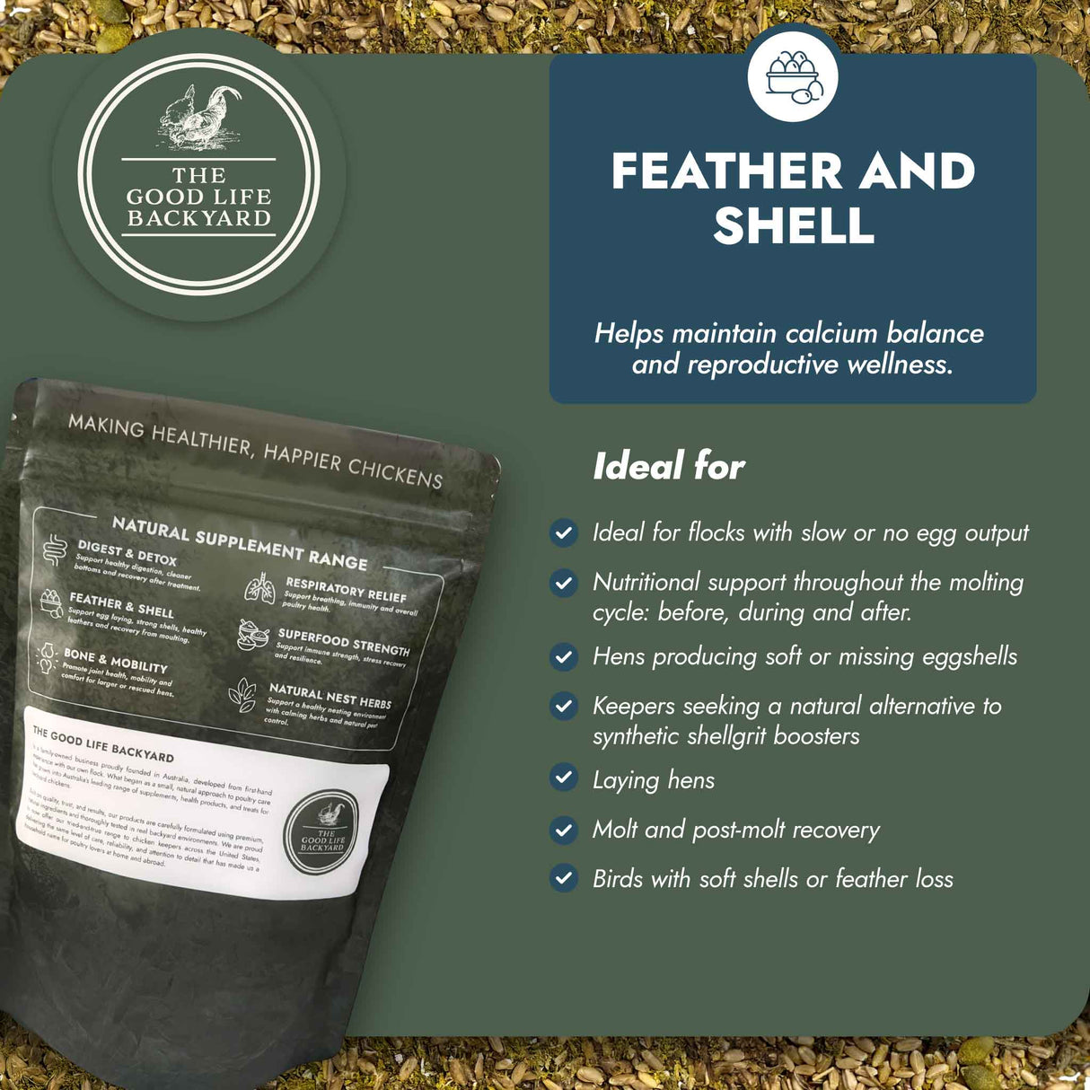 Feather and Shell package for chickens with text about calcium balance and reproductive wellness on a green background.