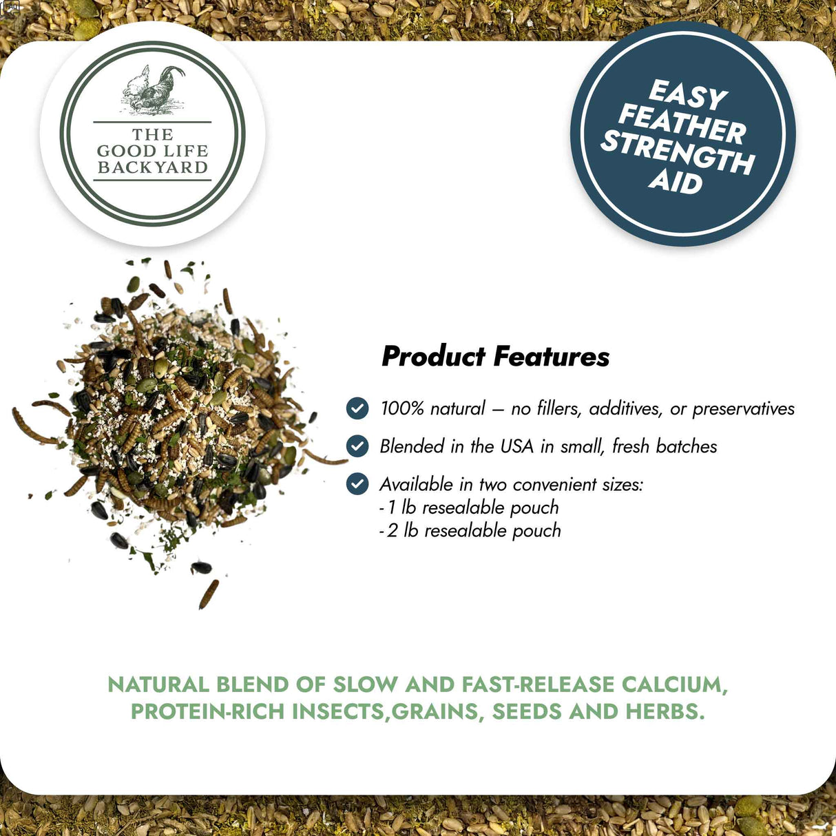 Product packaging for 'The Good Life Backyard' with a natural blend of ingredients and branding details.