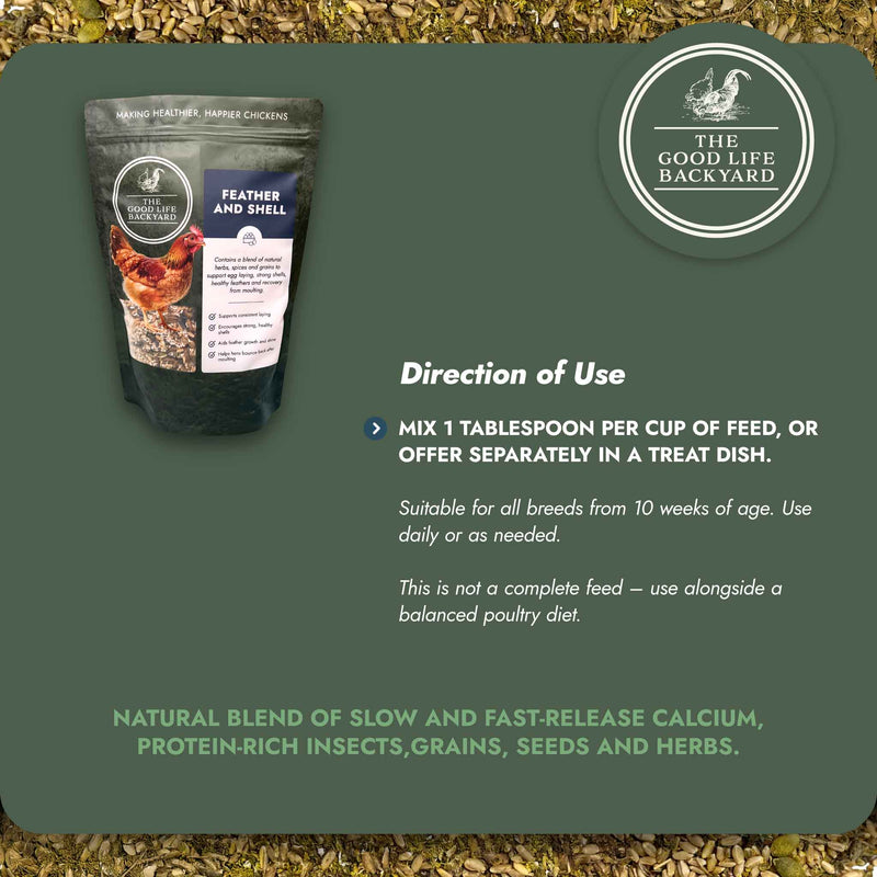 Package of 'Feather and Shell' product with 'The Good Life Backyard' branding on a green background.