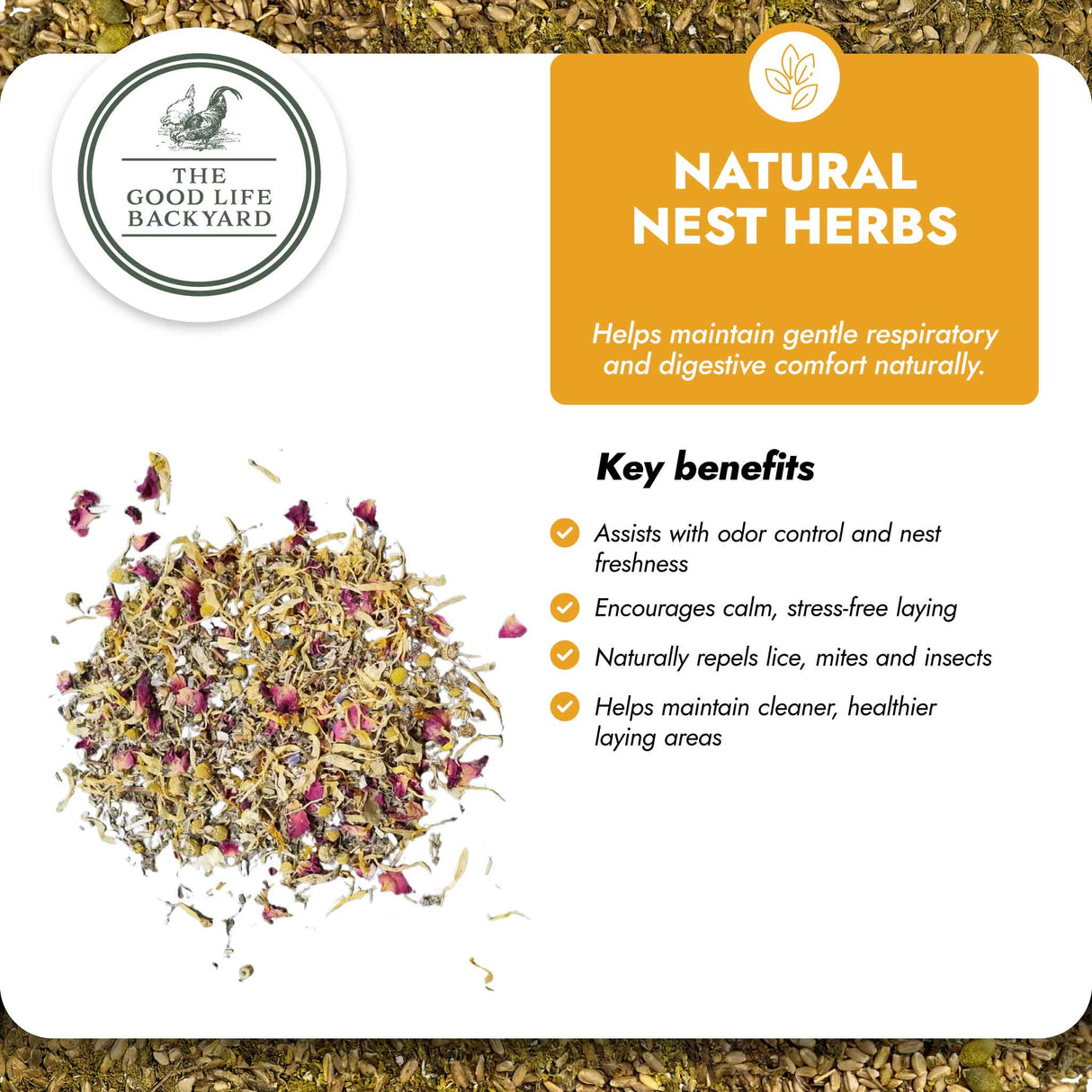 Natural nest herbs with benefits listed on a branded label.