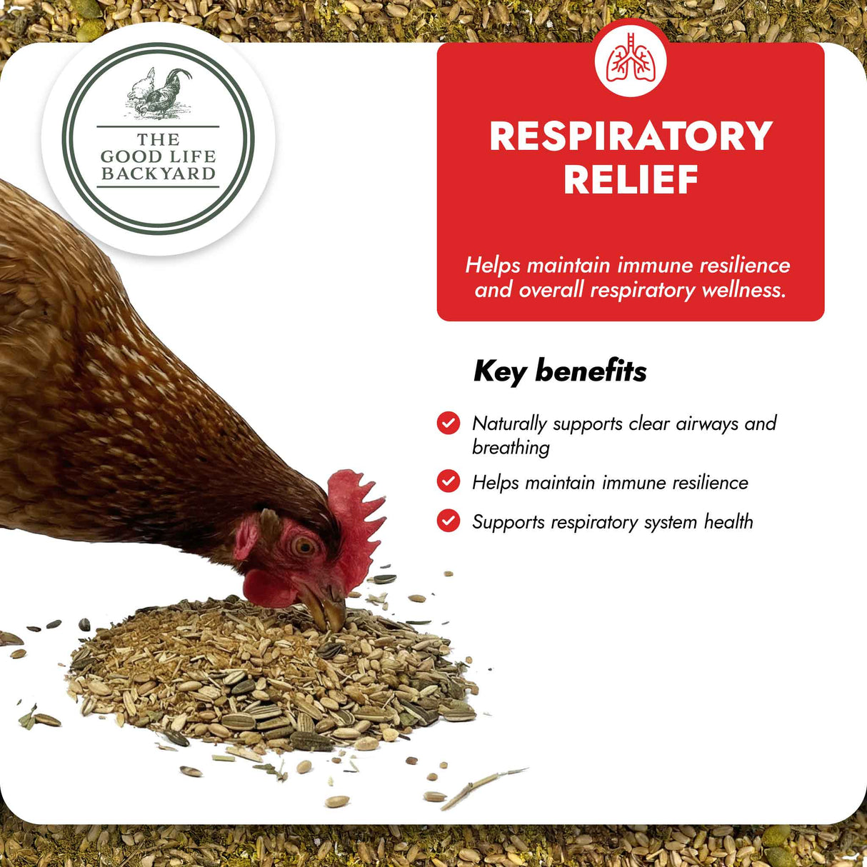 Chicken with respiratory relief product label and benefits on a white background