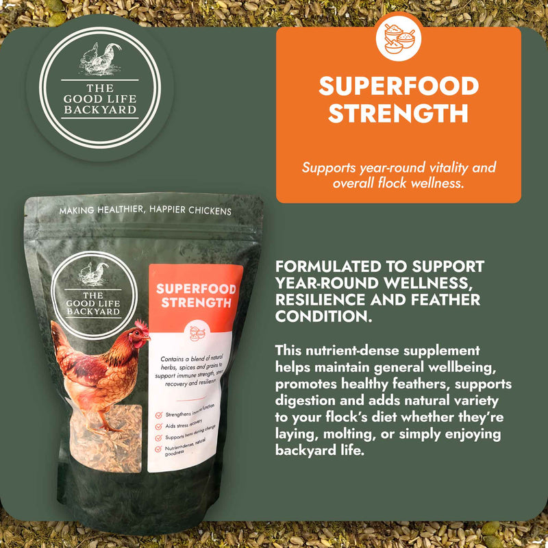 Supplement package for chickens with branding and product description on a green background