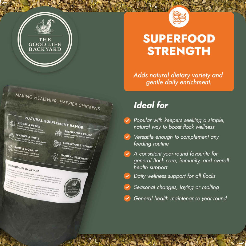 Supplement package for chickens with branding and product description on a green background