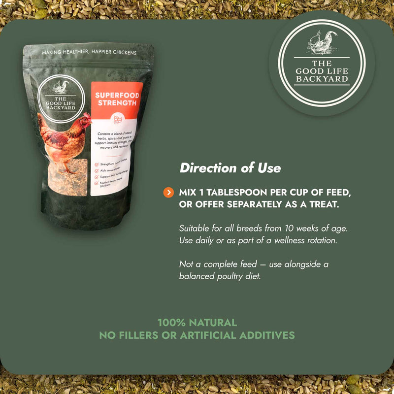 Package of 'The Good Life Backyard' chicken feed with directions on a green background