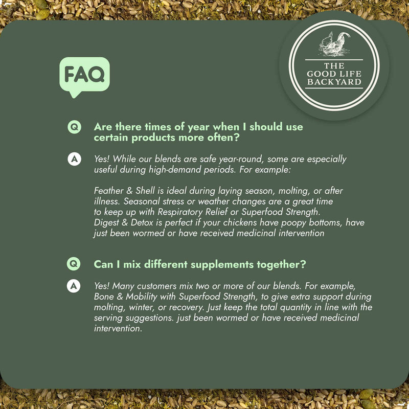 FAQ section from The Good Life Backyard product packaging with text and logo.