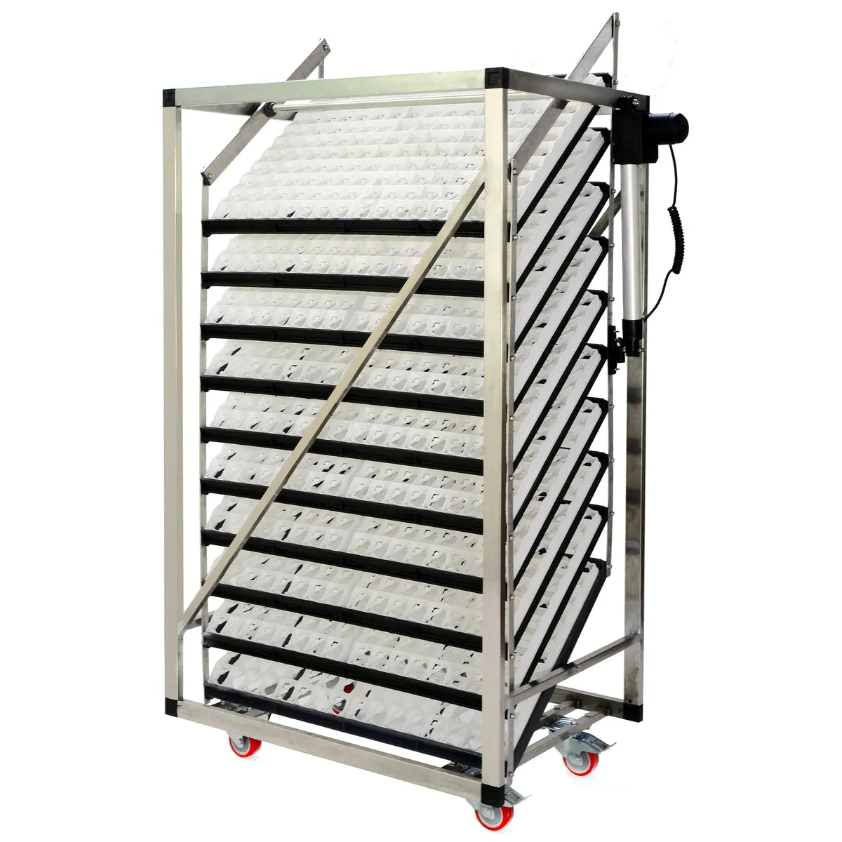 Industrial egg holding setter tray trolley unit with multiple shelves on a white background