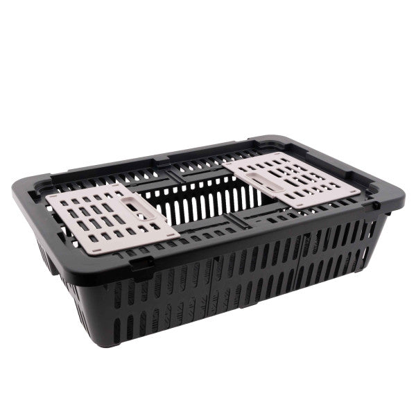 Black quail and pigeon transport coop with dual access doors and ventilated plastic design for safe bird travel.