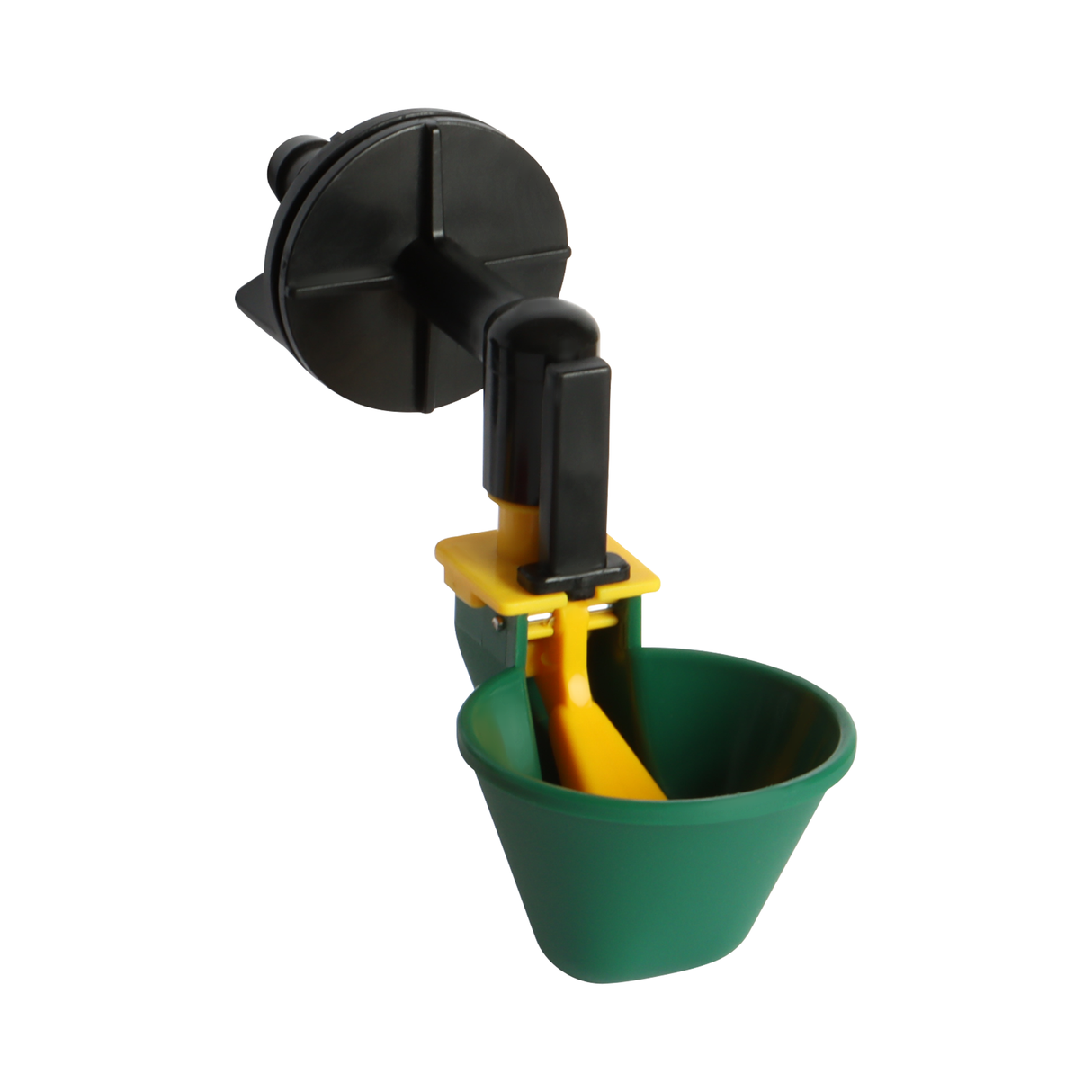 Side view of auto-fill poultry drinker cup with yellow trigger and float valve for chickens and small birds