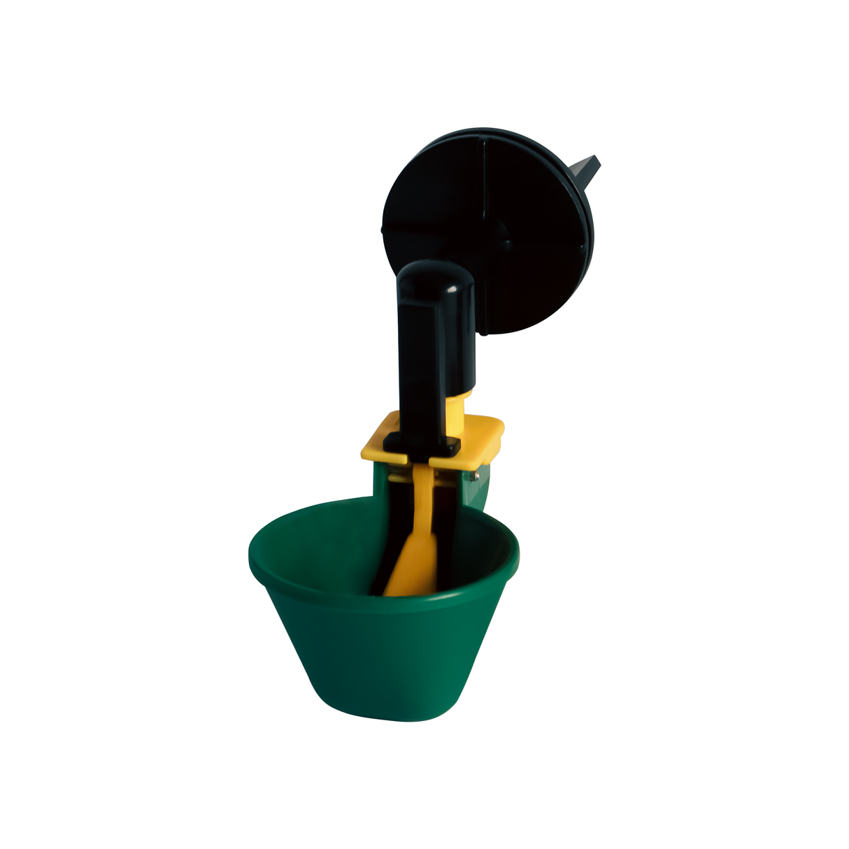 Front angled view of auto-fill poultry drinker cup with float valve and yellow trigger for chicken water system