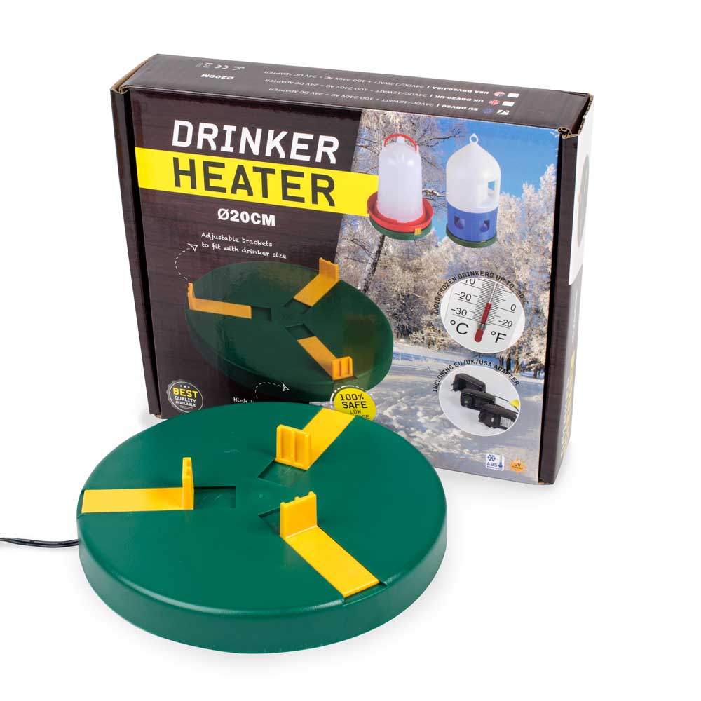 Drinker heater with packaging displaying product details and usage scenarios.