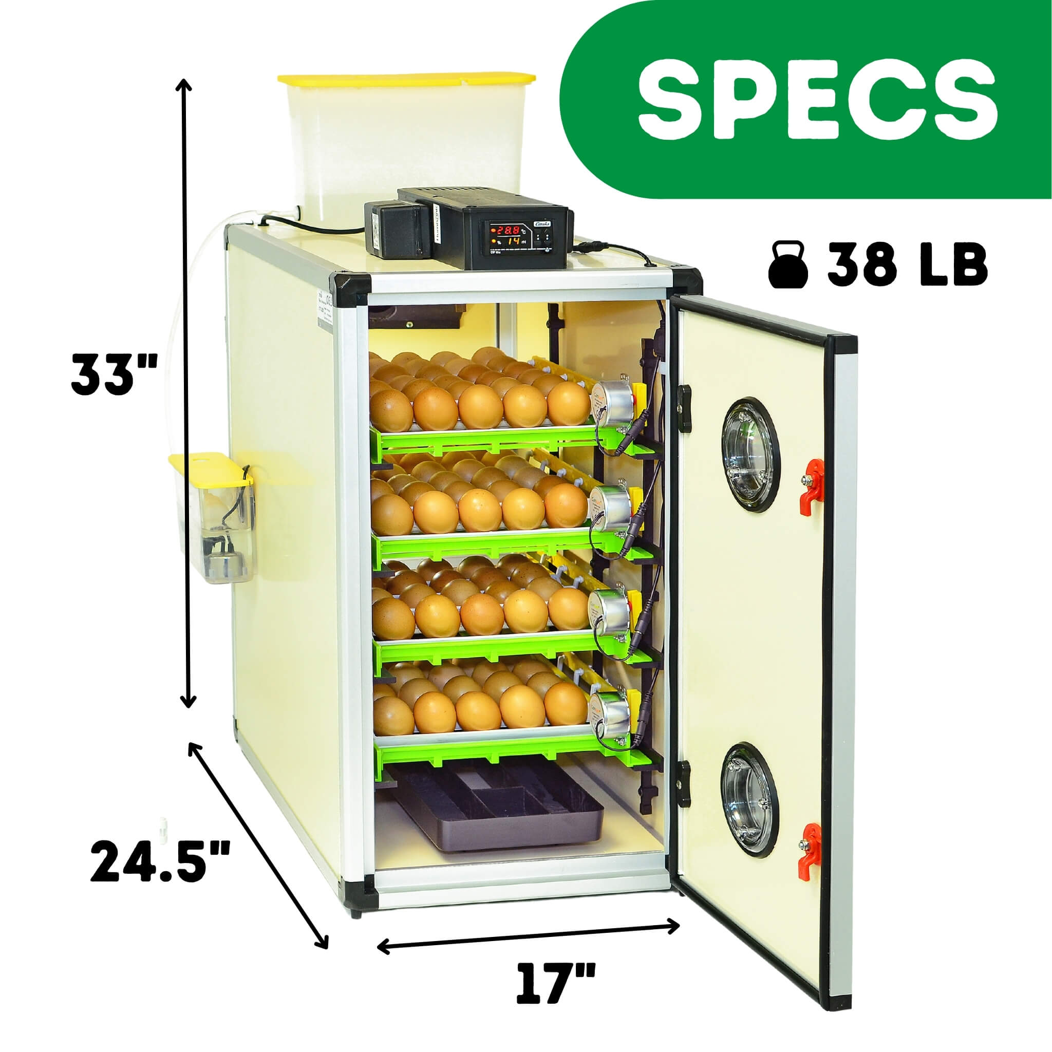 Hatching Time Cimuka CT120 Incubator. Infographic showing specifications of incubator. CT120 can be seen in image measuring 33 inches tall, 24.5 inches deep and 17 inches wide and weighing 38 pounds. Incubator is open, showing 4 egg setting trays full of brown chicken eggs, digital control can be seen on top of the incubator in front of water reservoir tank that is connected to Humisonic Humidifier.