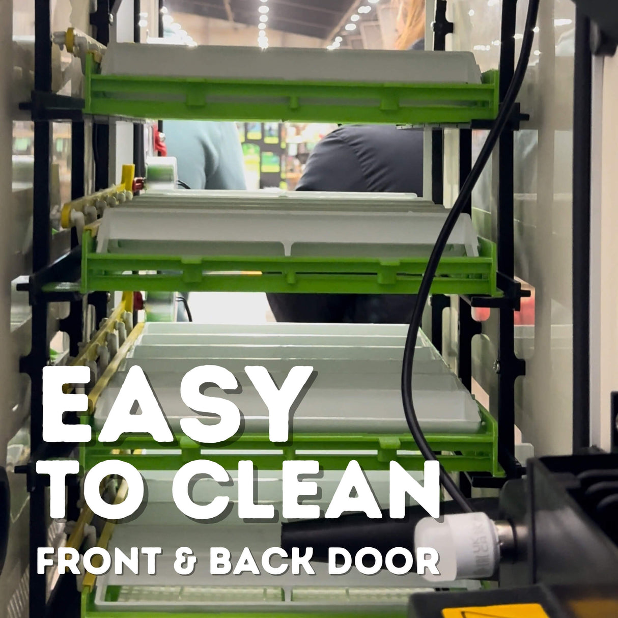 Hatching Time Cimuka CT180 Incubator shows open incubator interior with visible egg setter trays. Both doors are open to show the ease of access of the incubator.