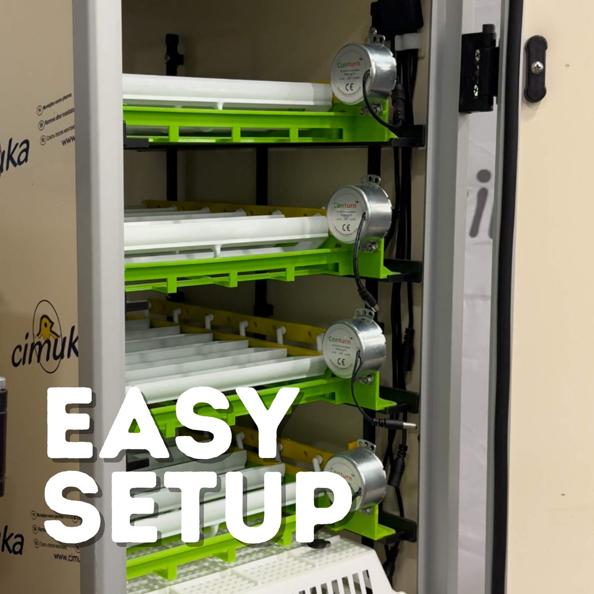 Hatching Time Cimuka CT180 Incubator shows open incubator with visible egg setter trays connected to Conturn egg turners. Image text reads Easy Setup.