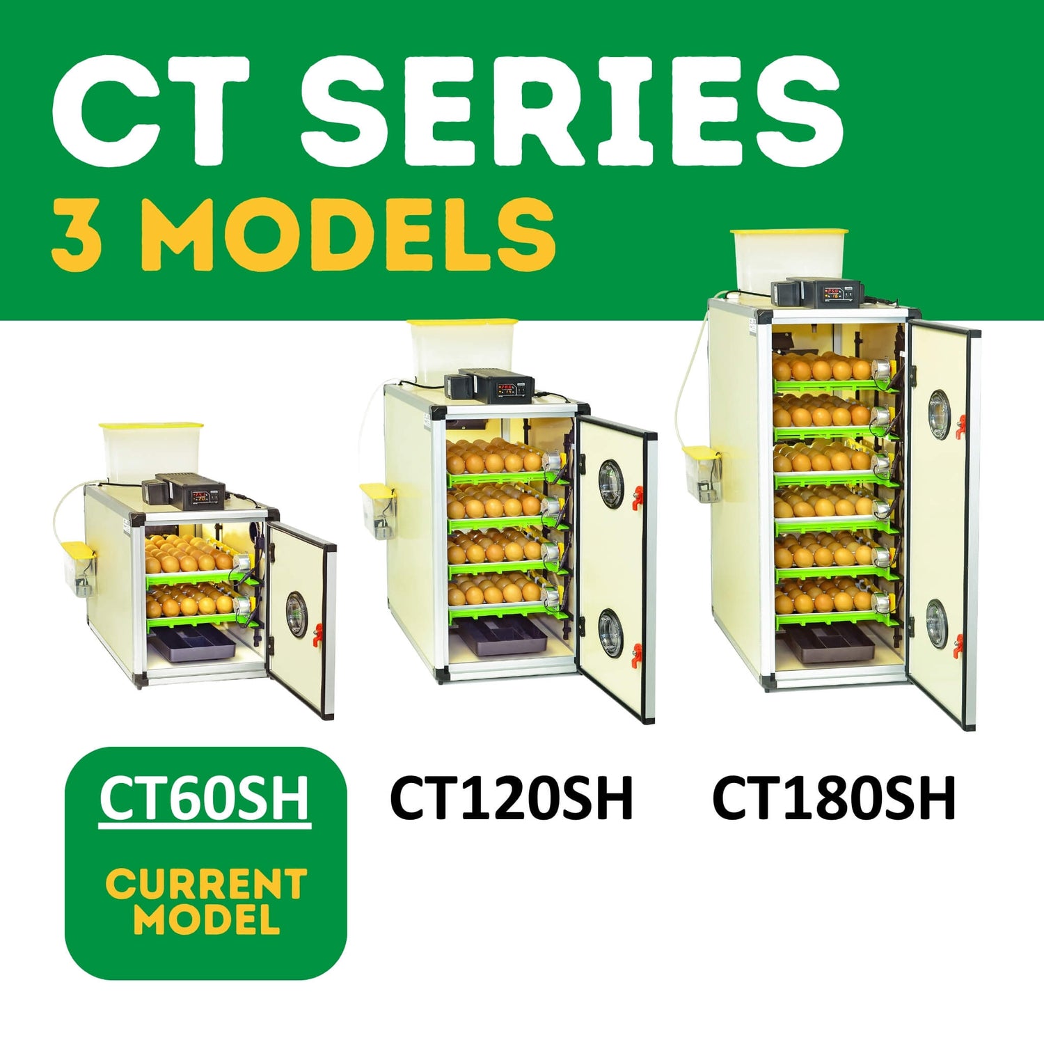 Showing collection of Cimuka CT egg incubators with setting and hatching capabilities from 60 to 180 chicken eggs.