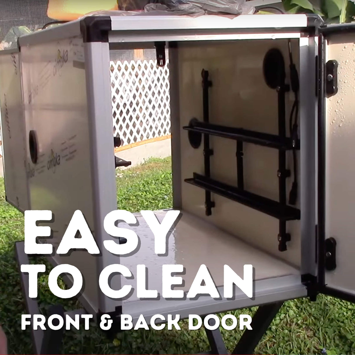 Showing the ease of use to clean incubator with front and back doors that open fully to clean