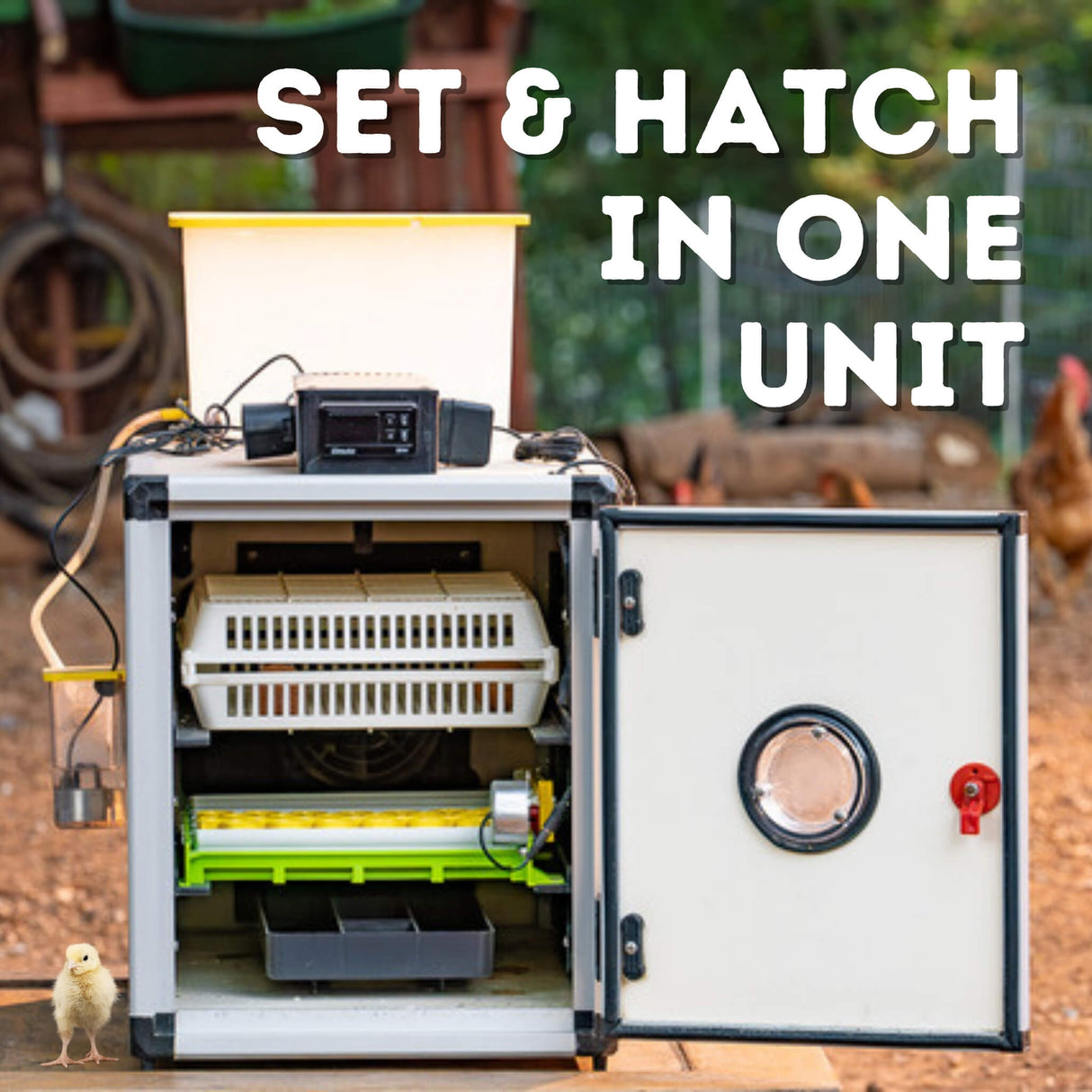 Front view of Cimuka CT60SH egg incubator showing how you can set and hatch in same unit.