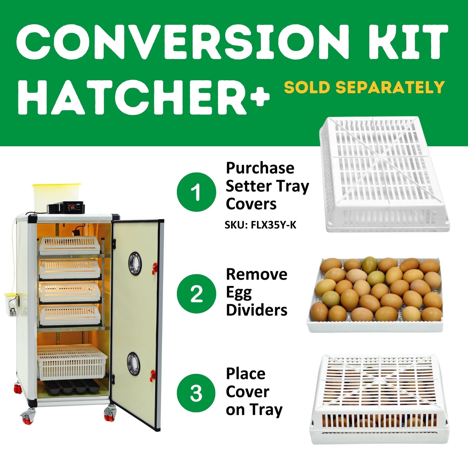 Hatching Time Cimuka. Image shows steps to apply a conversion kit for Hatcher plus assembly.