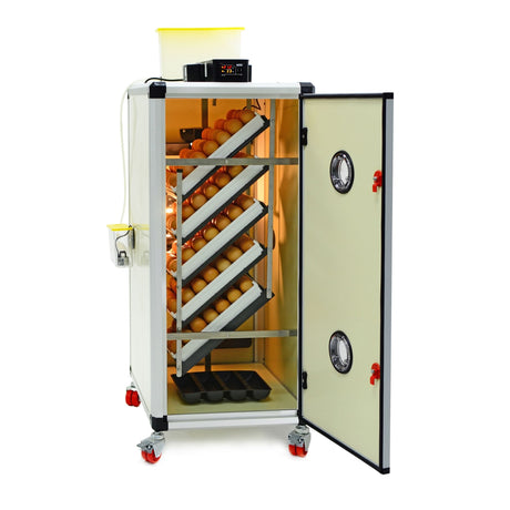 Hatching Time Cimuka. Image shows an open HB incubator with egg Setter trays. Digital controls can be seen on top in front of water reservoir for Humisonic Humidifier.