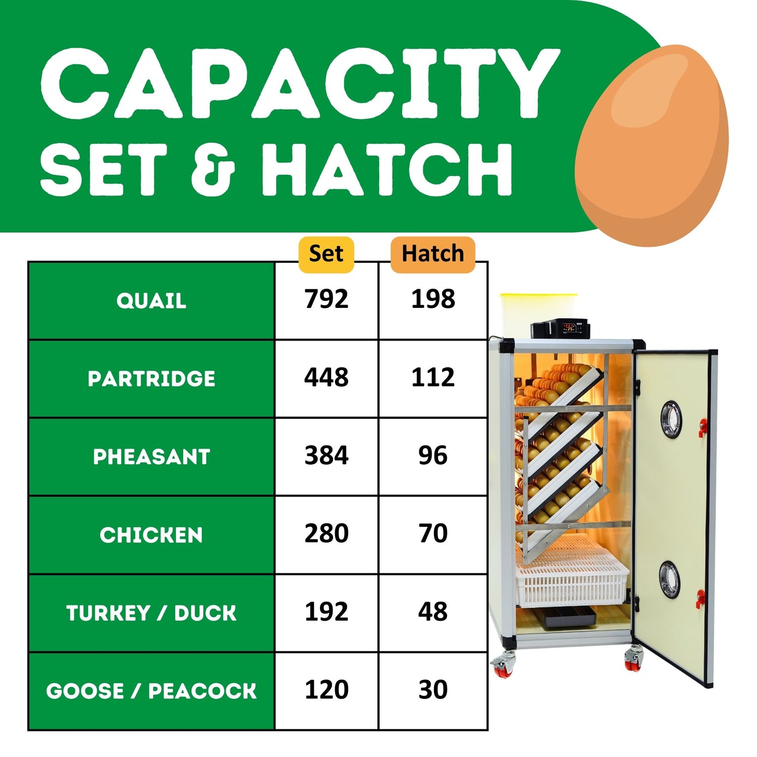 Hatching Time Cimuka. Image shows the amounts of each poultry egg that can fit into incubator with correct tray configuration.