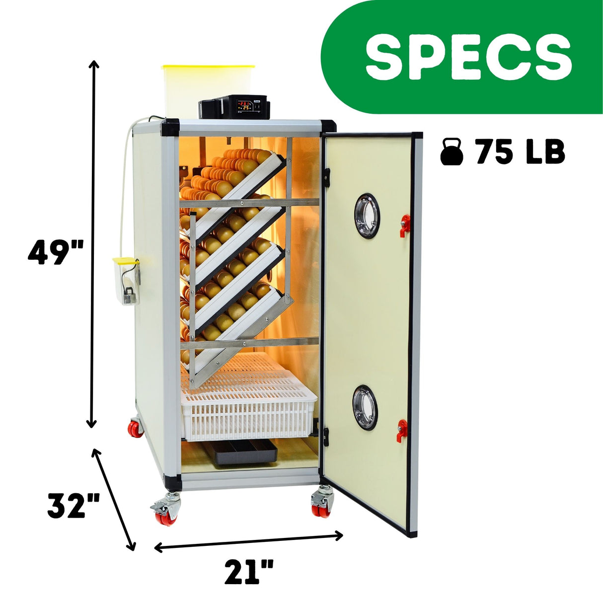 Hatching Time Cimuka. Image shows height, length and depth of incubator as well as weight. 49 inches tall, 32 inches deep, 21 inches wide and 75 pounds.
