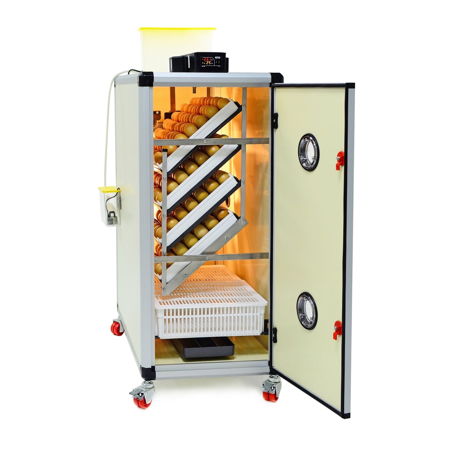 Hatching Time Cimuka. Image shows an open HB incubator with Setter trays and Hatching basket inside. Digital controls can be seen on top in front of water reservoir for Humisonic Humidifier.