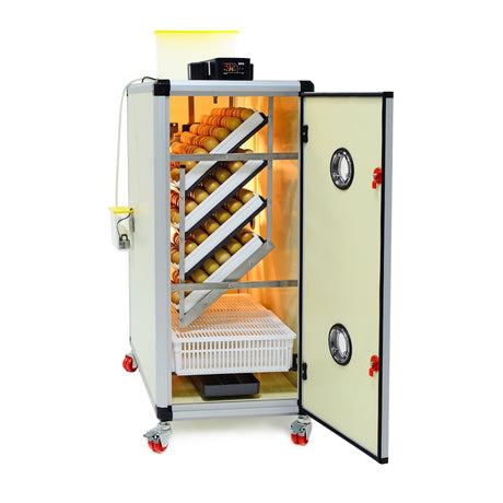 Hatching Time Cimuka. Image shows an open HB incubator with Setter trays and Hatching basket inside. Digital controls can be seen on top in front of water reservoir for Humisonic Humidifier.