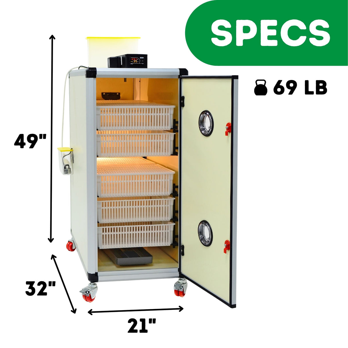 Hatching Time Cimuka. Image shows height, length and depth of incubator as well as weight. 49 inches tall, 32 inches deep, 21 inches wide and 69 pounds.