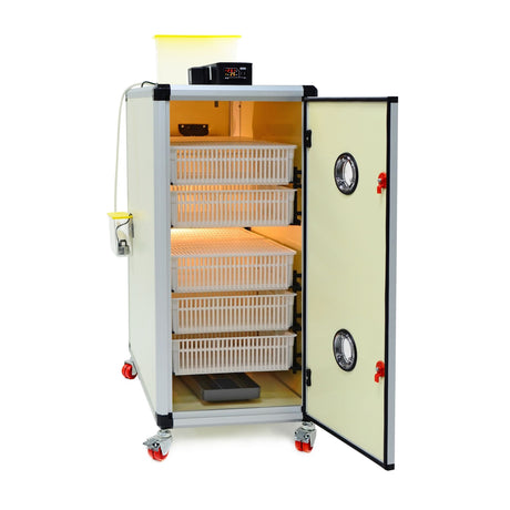 Hatching Time Cimuka. Image shows an open HB incubator with Hatching baskets inside. Digital controls can be seen on top in front of water reservoir for Humisonic Humidifier.