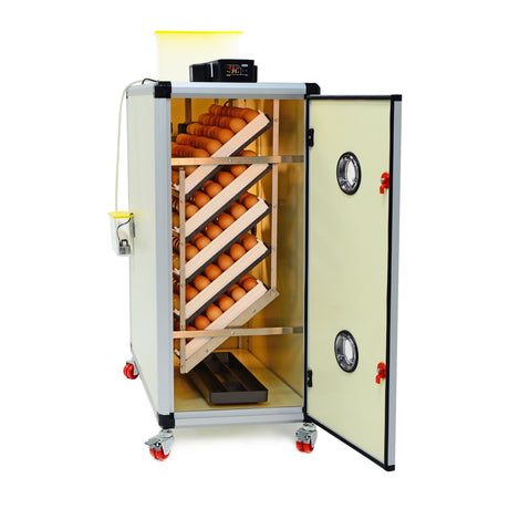 Hatching Time Cimuka. Image shows an open HB incubator with Setter trays. Digital controls can be seen on top in front of water reservoir for Humisonic Humidifier.