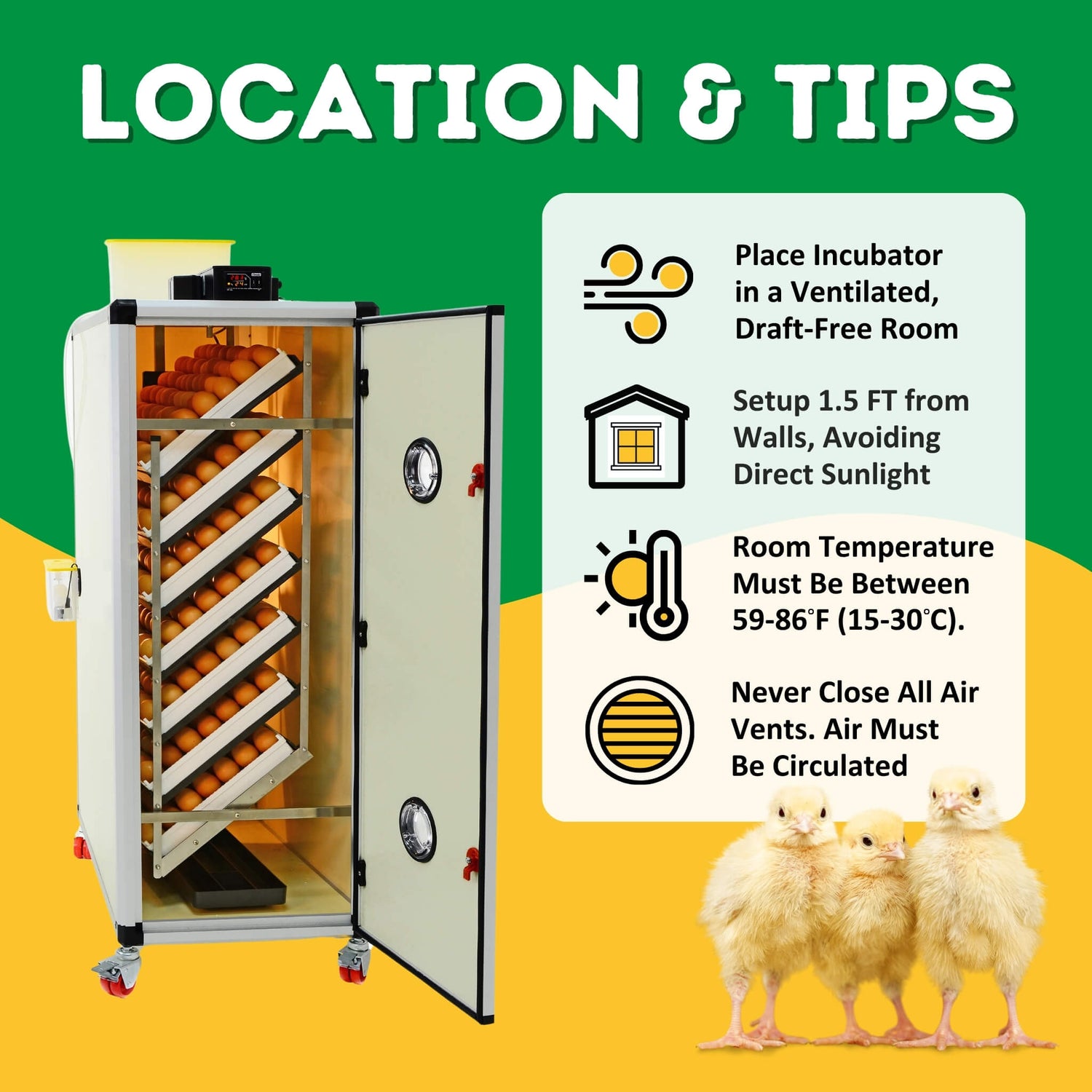 Hatching Time Cimuka. Informative guide on optimal placement of Cimuka HB500S incubator, emphasizing ventilation and space requirements for efficient poultry hatching.