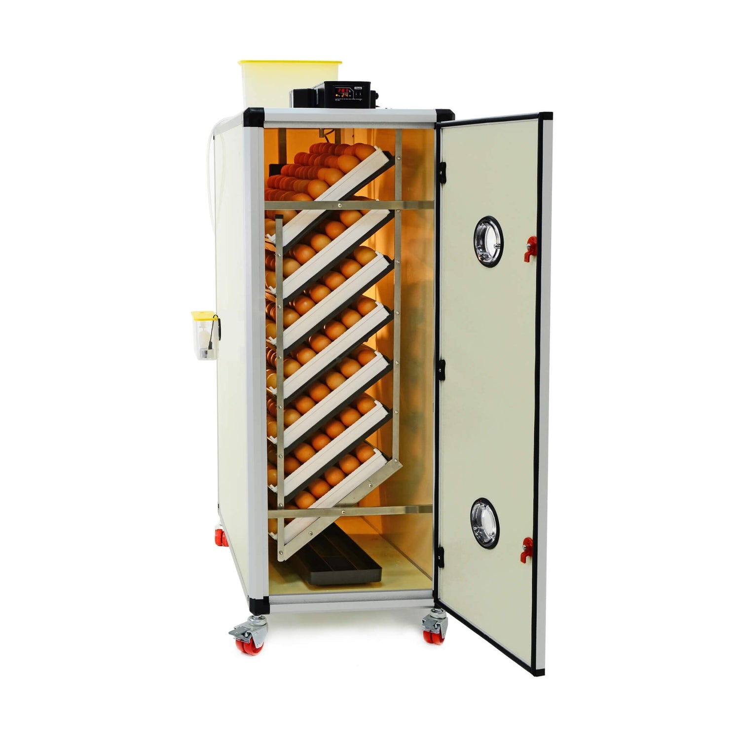 Hatching Time Cimuka. Image shows open HB Series incubator with door open showing 7 setting trays full of brown chicken eggs. Digital control can be seen on top of incubator and water reservoir tank connected to humisonic humidifer can also be seen in image.
