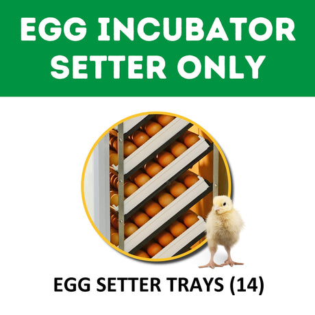 Graphic illustration of Cimuka HB500S egg incubator's automatic egg setter trays and turning racks, a key feature for efficient poultry farming.