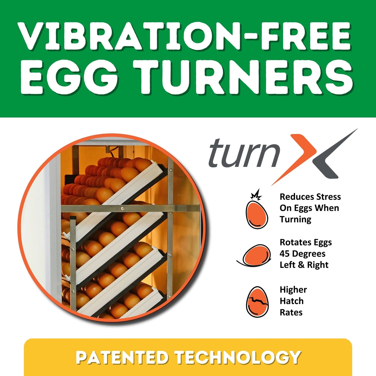 Hatching Time Cimuka. Image shows TurnX vibration-free egg turners. Patented technology infographic shows less stress on eggs, rotation of 45 degrees and higher hatch rates.