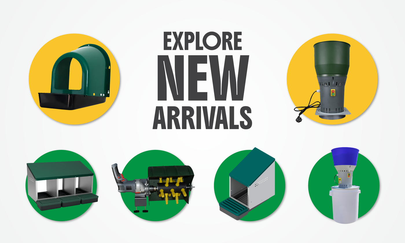 Promotional graphic with text 'Explore New Arrivals' and images of green and gray products on a white background.