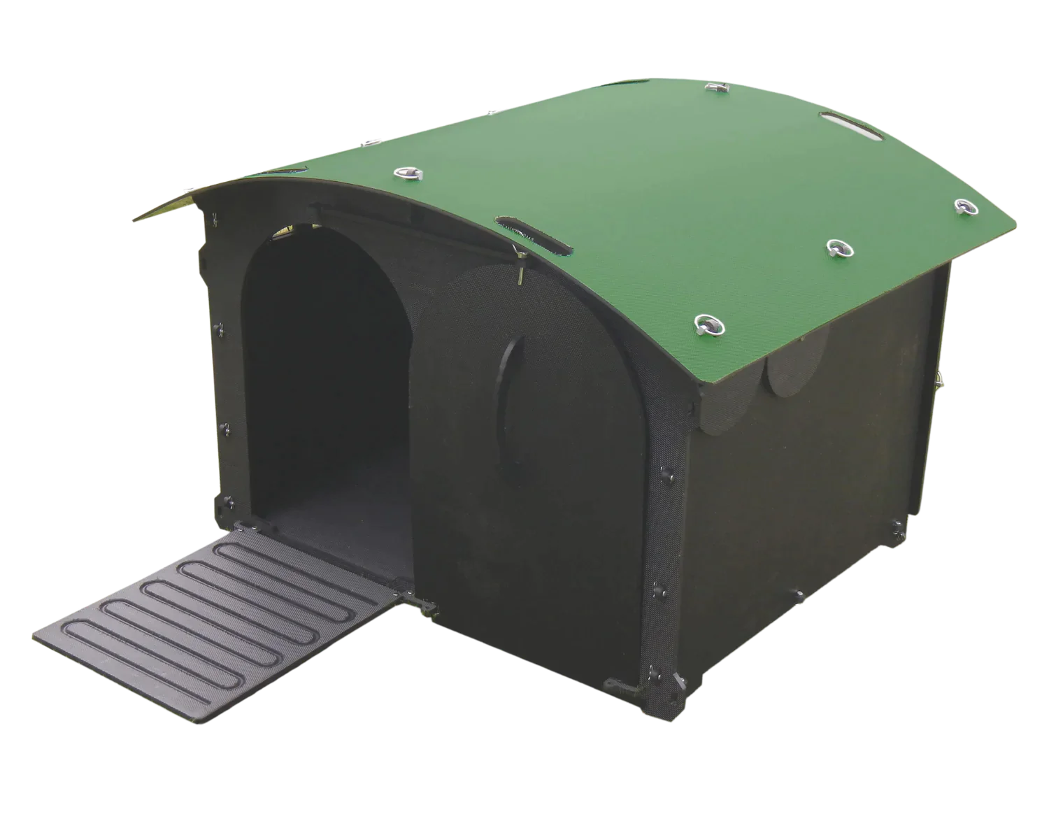 Hatching Time Nestera. Duck house can be seen in image. Duck house has green rounded roof, black walls and floor and walk-up ramp. Door is open.