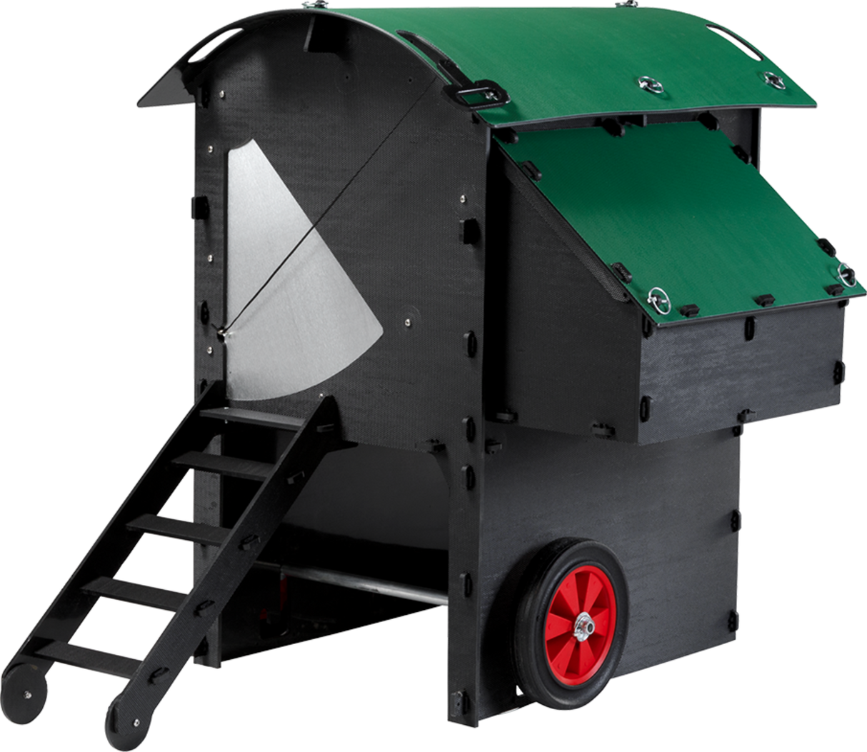 Hatching Time Nestera. Medium raised coop can be seen with wheels on side of coop. Coop door is closed and ramp can be seen in front leading up to chicken coop door. Nesting box can be seen on side of coop.