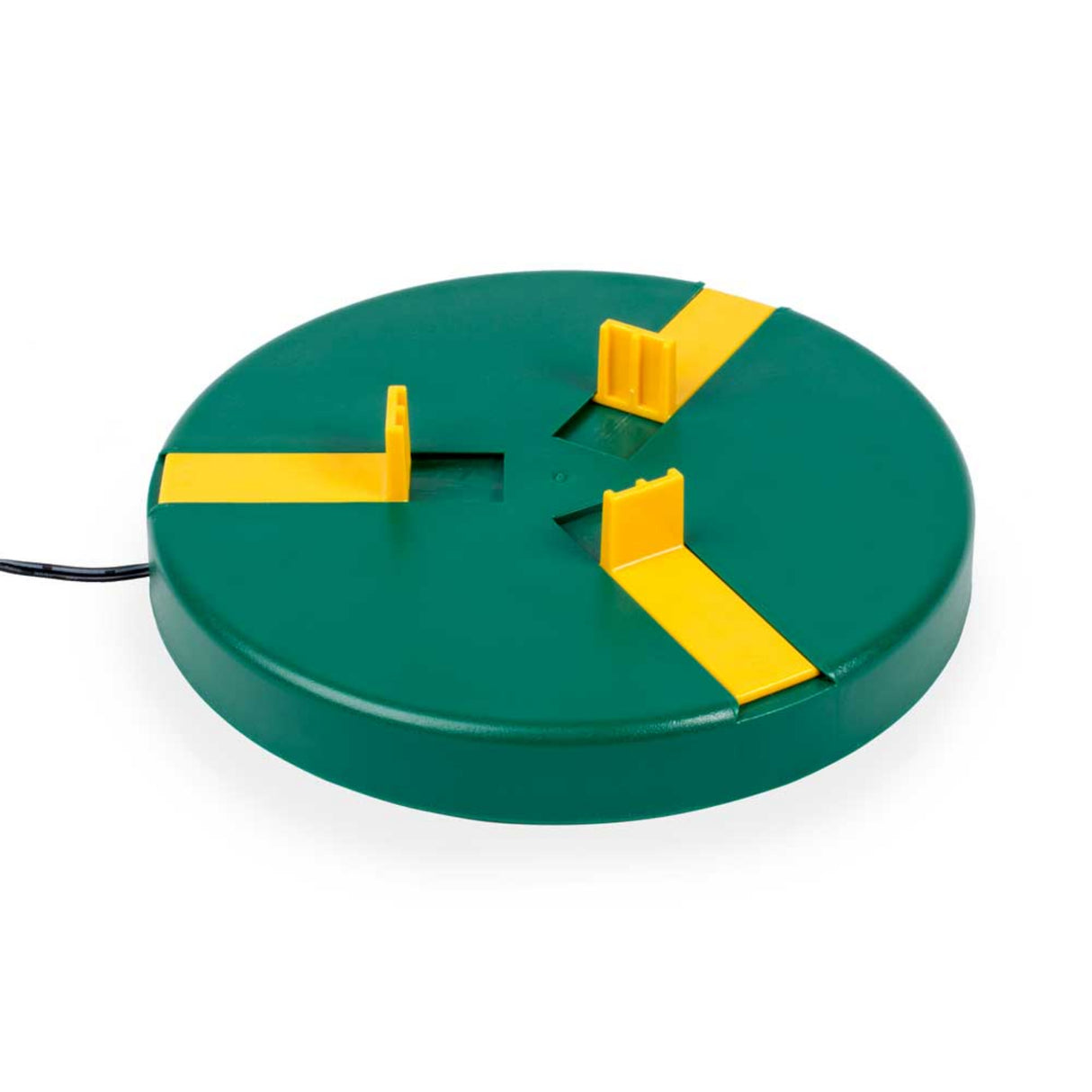 Green and yellow circular device on a white background
