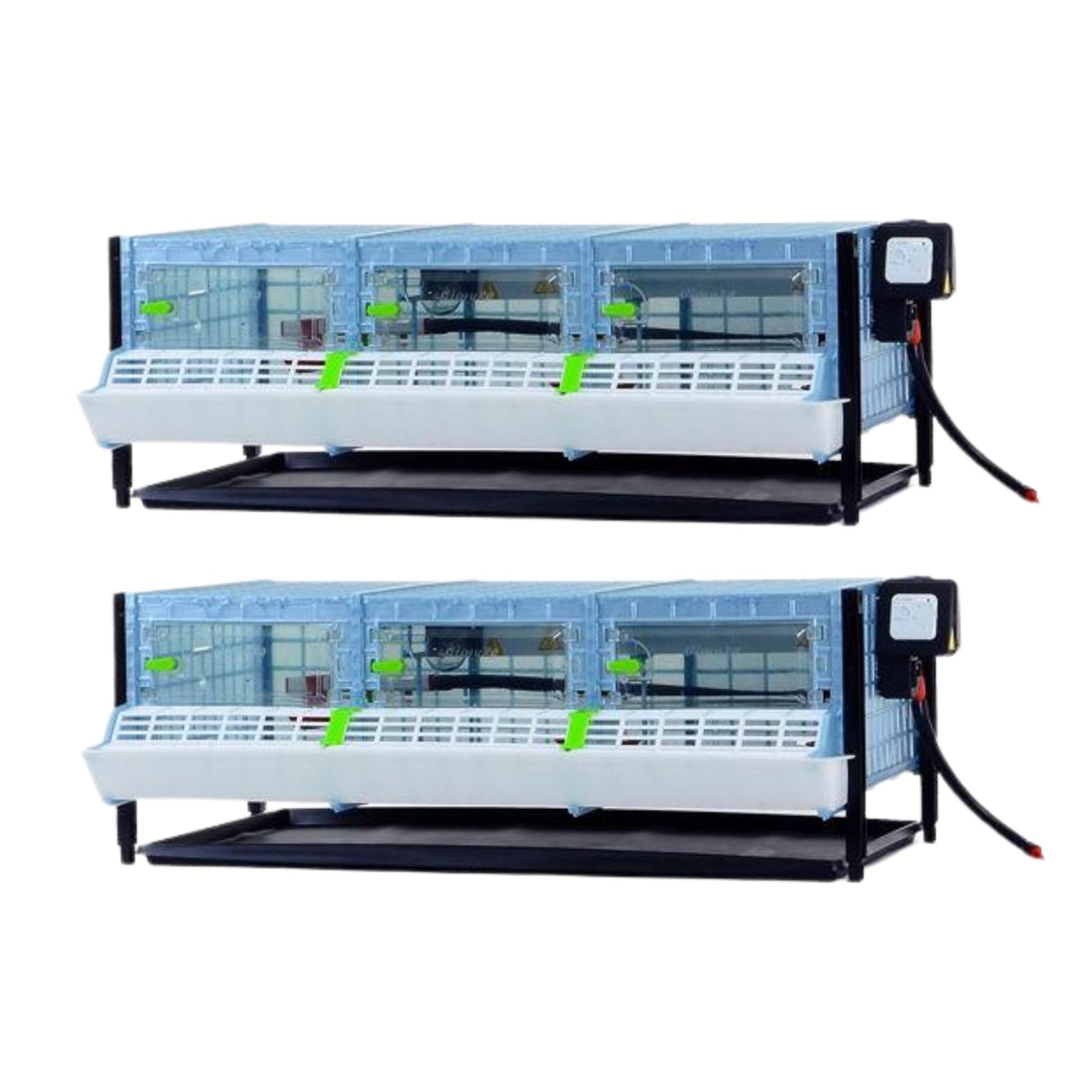 Chick Brooder - Double Layer Additions. Stackable brooders shown with feeding troughs, manure trays and metal frames shown.
