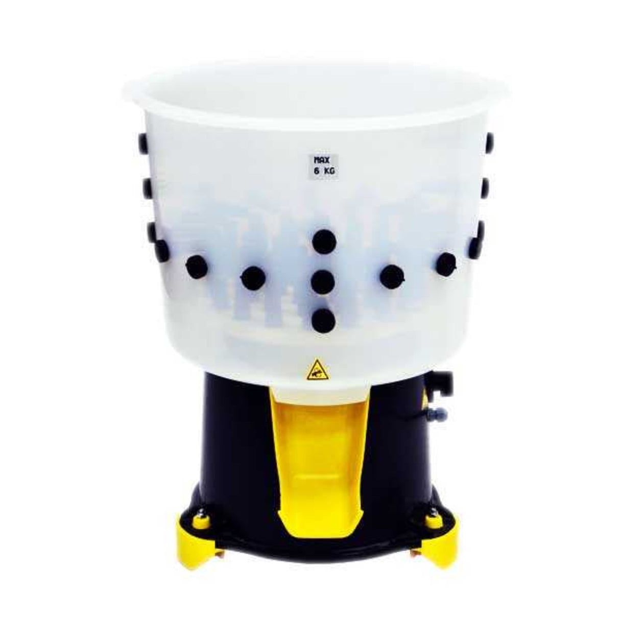 Plucker Unit - Chicken (Small) - Hatching TimeHatching Time Cimuka. Image shows Food-grade plastic feather plucker with visible feather chute. Rubber plucker fingers can be seen from outside of drum.