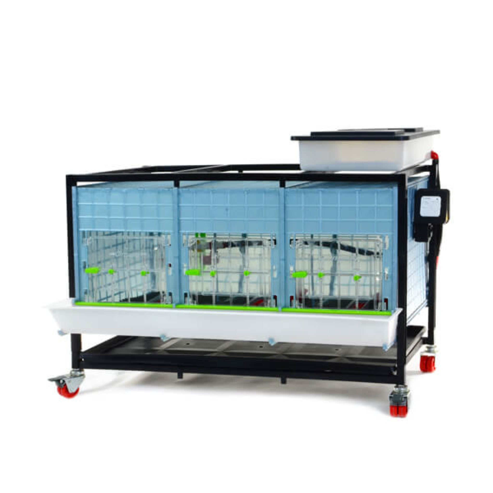 Hatching Time Cimuka 1 Layer 15 Inch Brooder front visible. Feeding trough is located on front of brooders. Clear plastic doors with locks can be seen. Heater thermostat visible on side of brooders. Brooders are on Metal frame with rolling casters for mobility.