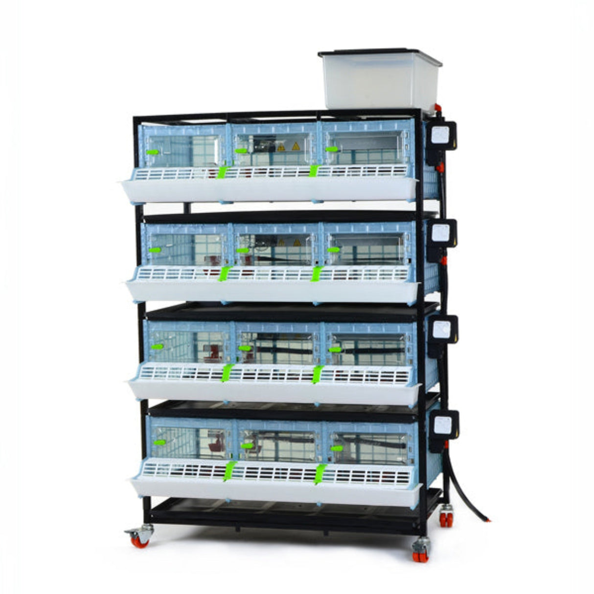 Hatching Time Cimuka 4 Layer 9.5 Inch Brooder front visible. Feeding trough is located on front of brooders. Clear plastic doors with locks can be seen. Heater thermostat visible on side of brooders. Brooders are on Metal frame with rolling casters for mobility.