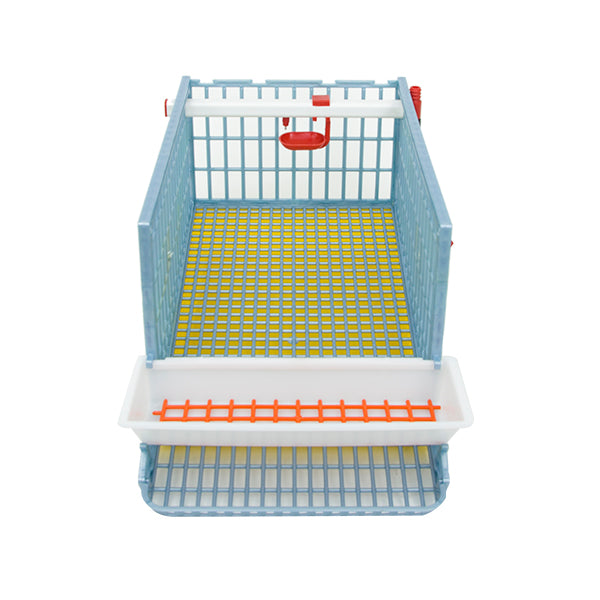 Hatching Time Cimuka Quail Cage. Open and above-front view showing interior. Feeder trough, roll-out tray and water drinker cup system can be seen.