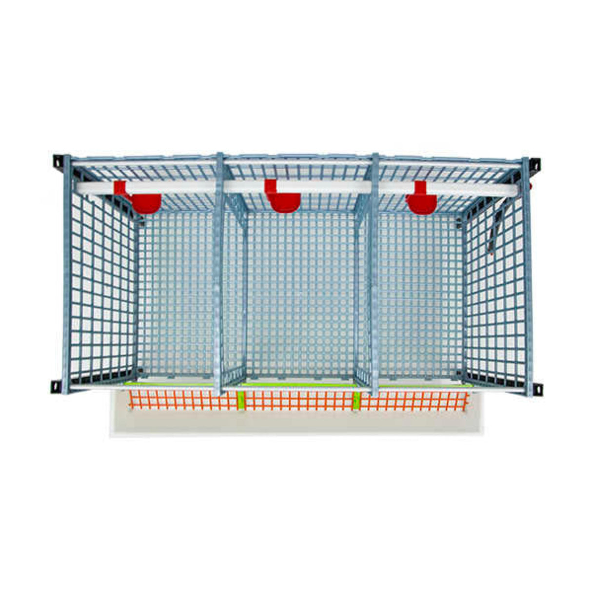 Hatching Time Cimuka 15" Layer addition for GL40 top view with roof removed. Feeding trough with smart feeder grill can be seen on front and automatic drinker system can be seen on back of grow out pen.